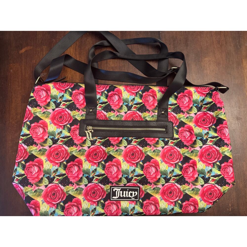 Juicy Couture black multi rose print overnight weekender duffle bag